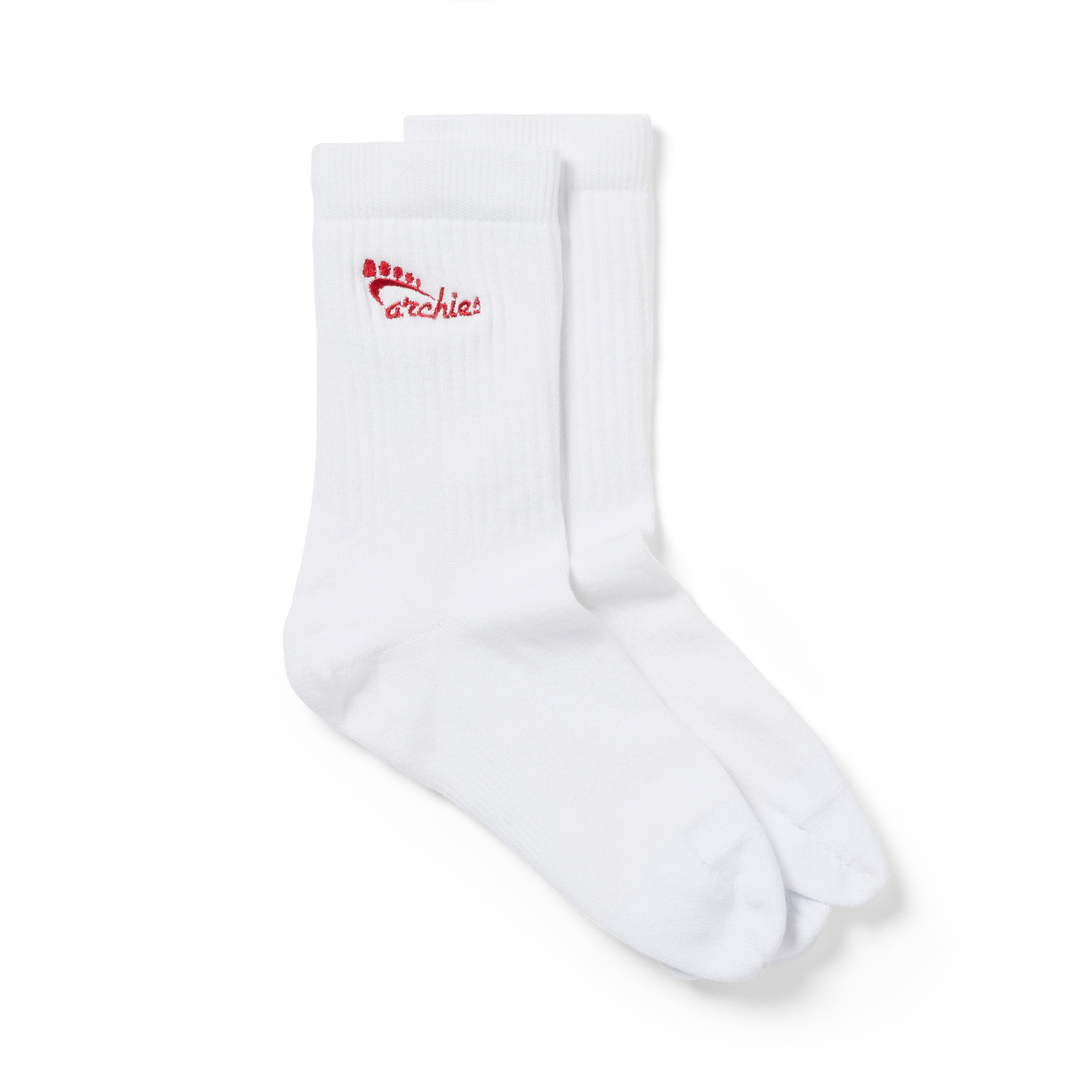 White Archies performance toe socks with red embroidery